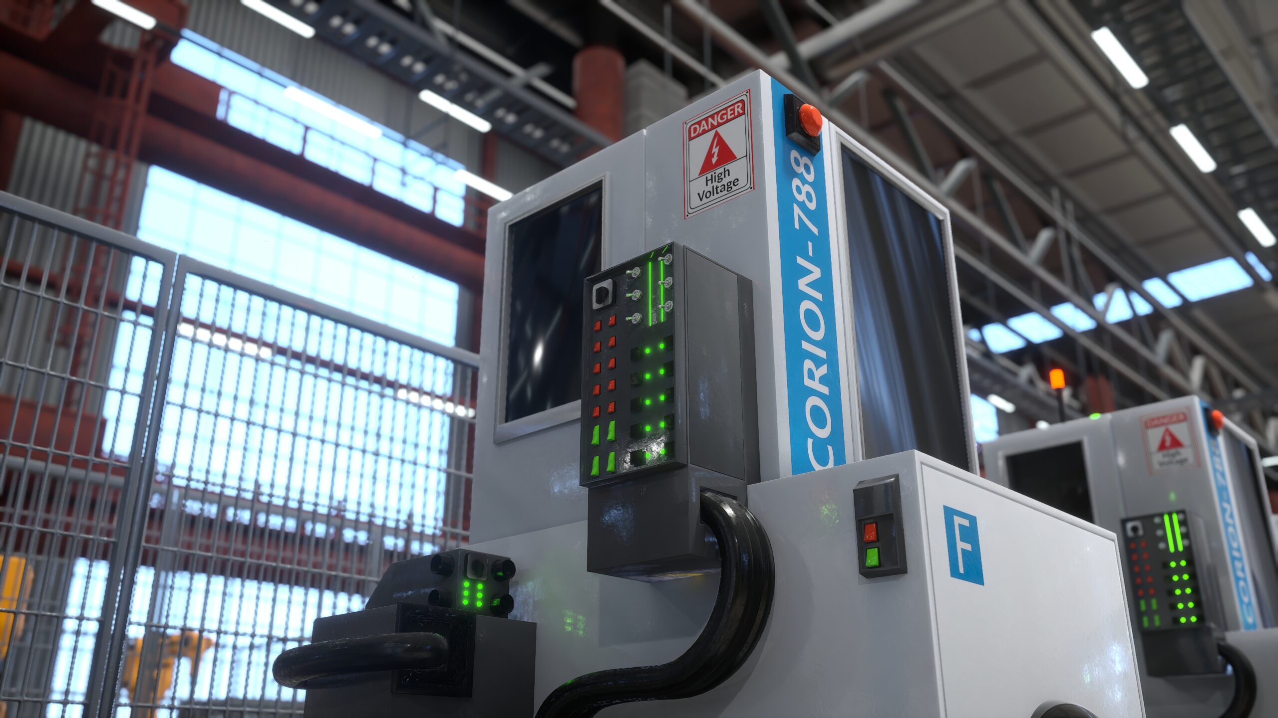 Machinery with control panels, buttons and switches in warehouse, 3D render