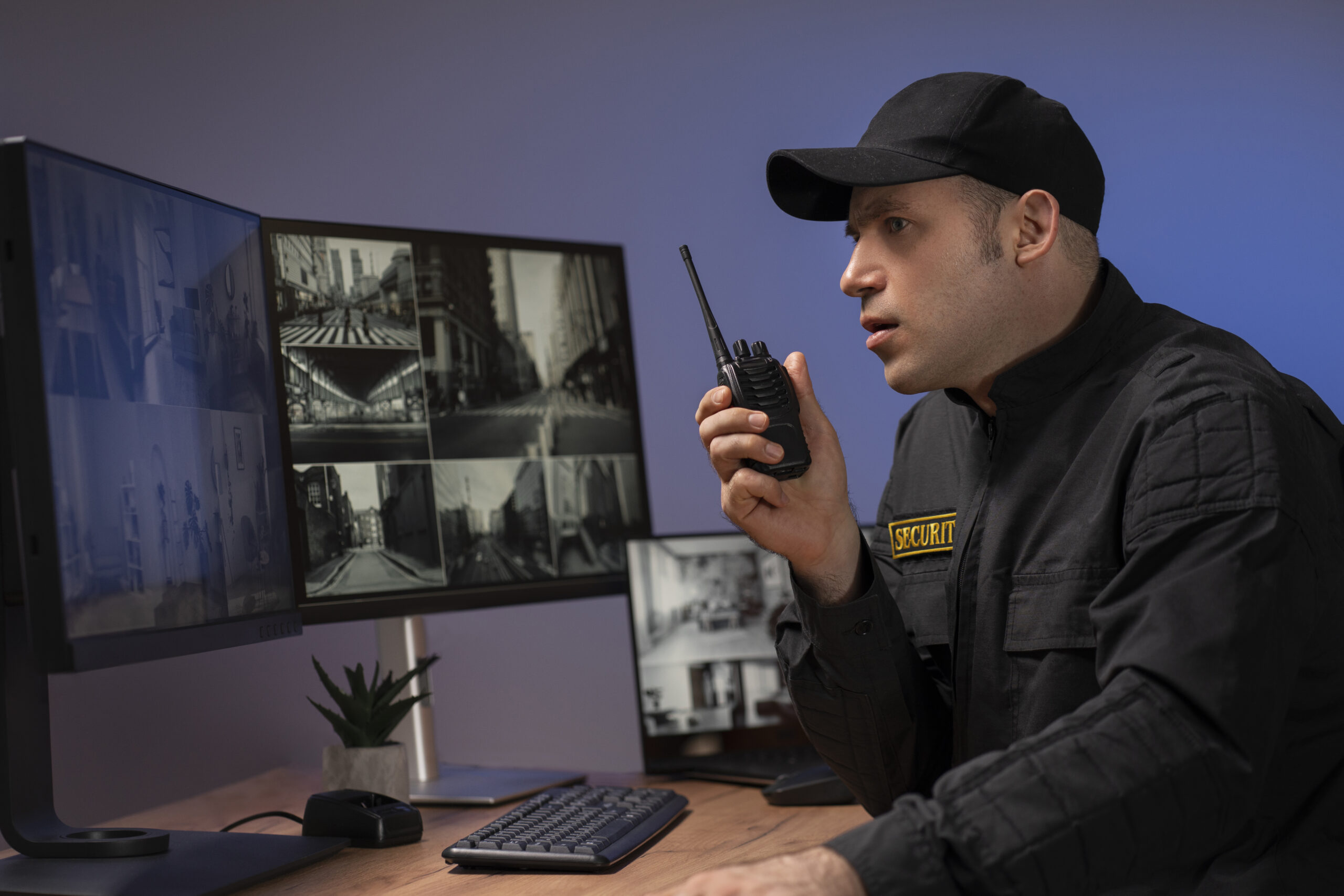 portrait-male-security-guard-with-radio-station-camera-screens