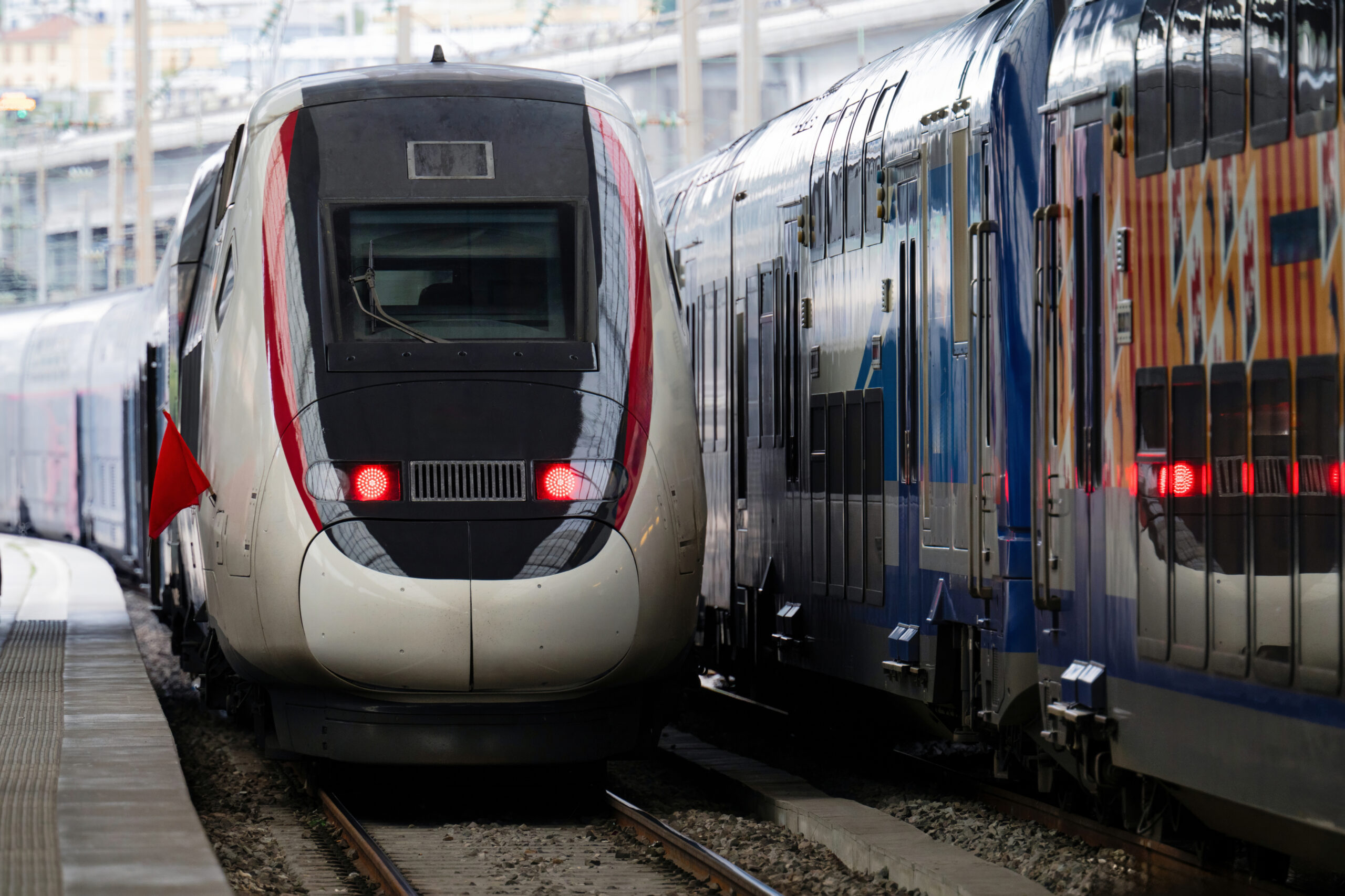 Red and blue trains stationing at the station of Nice, France